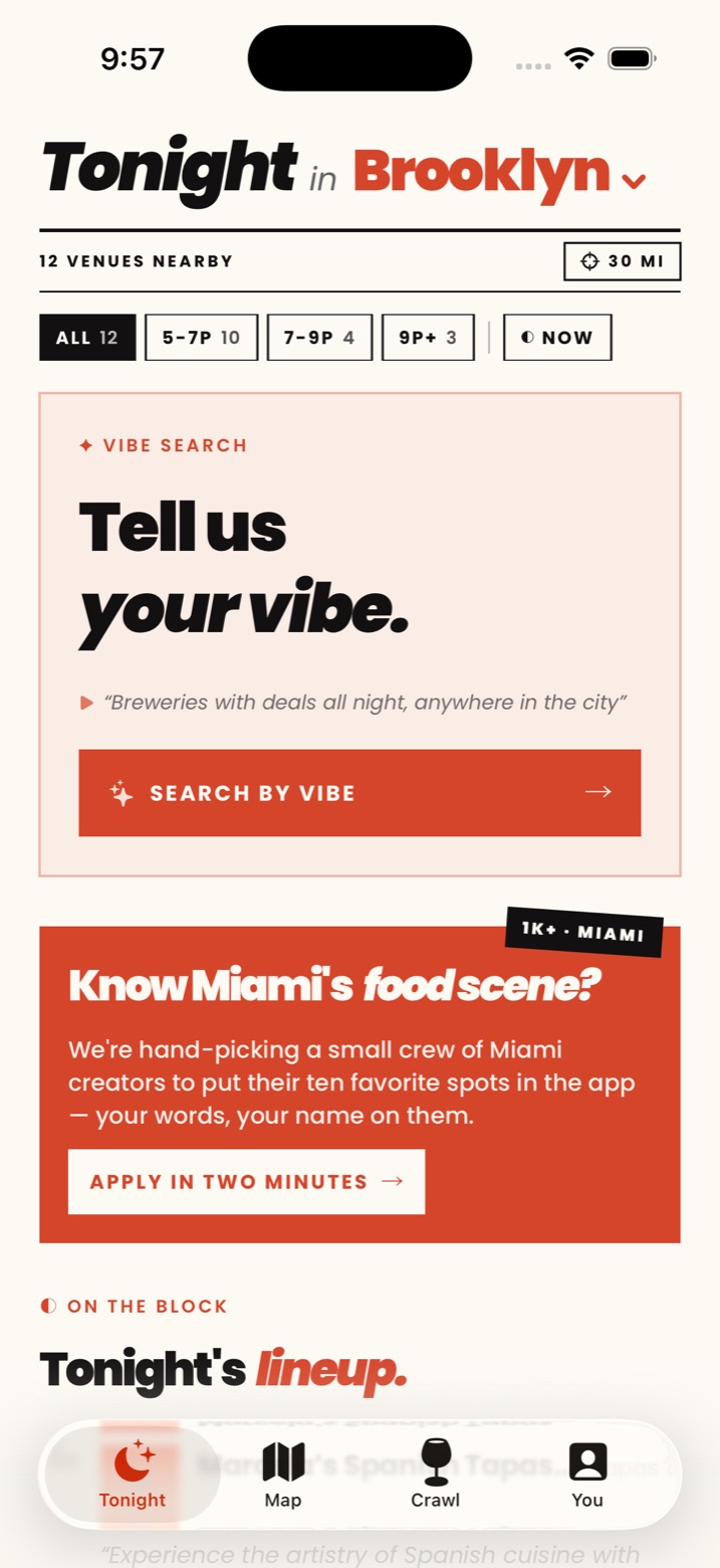 Tonight app — a venue's happy-hour deal and details